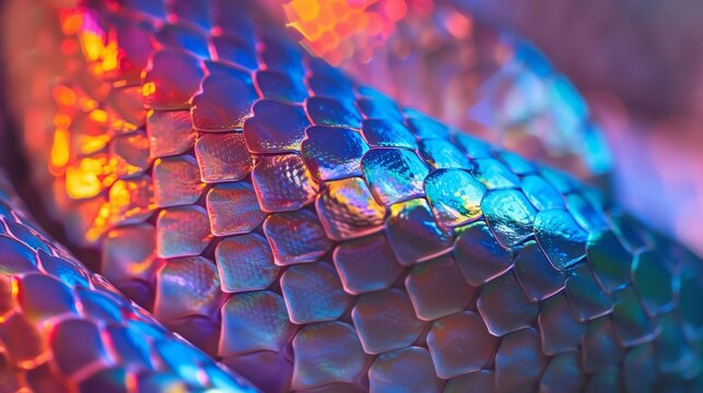 A close-up of the scales on an iridescent snake's leather.