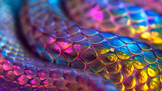 A close-up of the scales on an iridescent snake's leather.