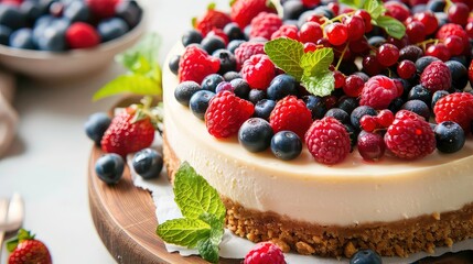 A close-up shot of a cheesecake decorated with an assortment of berries and mint leaves. Generative AI