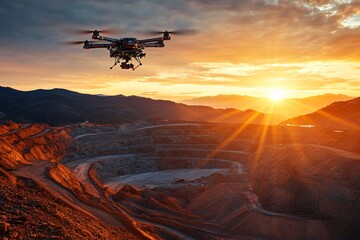 Engineer and team survey using remote control drone and discussion at copper mine, copper mine worker open pit mine surveying