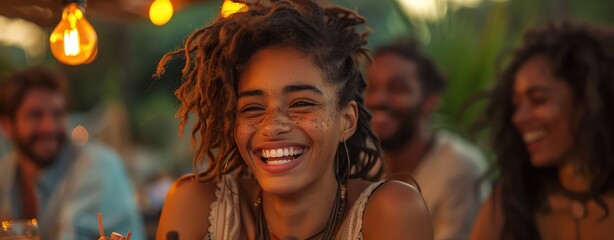 A realistic photo of a person laughing with friends, capturing moments of pure joy and contentment