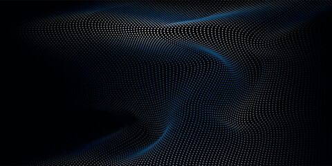 Flowing dots particles wave pattern blue green gradient light isolated on black background. Vector in concept of technology