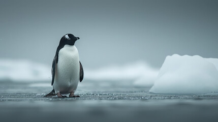 Fototapeta premium Emperor penguins pose on icy rocks in Antarctica