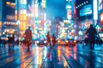 Fototapeta premium Fully blurred city street with cars and bokeh lights, blurry busy city background