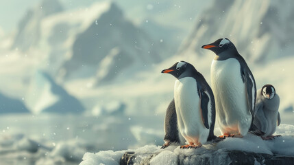 Obraz premium Penguin family huddled on an icy landscape, unity in adversity, powerful photo banner