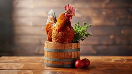 A vibrant rooster perched in a rustic wooden barrel, surrounded by fresh herbs and ripe tomatoes, perfect for farm-themed imagery.
