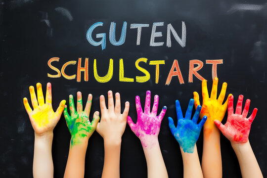 Symbol image of the start of school (Germany): A blackboard reads GUTEN SCHULSTART (Good start of school), A.I.-generated