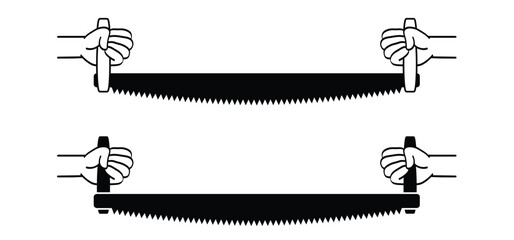 Cartoon whipsaw or pull saw. Drawn handsaws for carpenters. Saw logo. push and pull saw. Double saws. Tree saws.