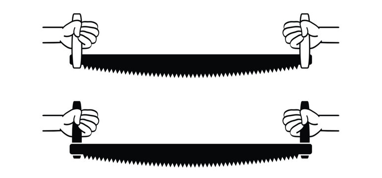 Cartoon whipsaw or pull saw. Drawn handsaws for carpenters. Saw logo. push and pull saw. Double saws. Tree saws.