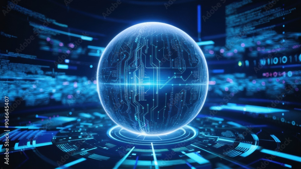 Poster a futuristic image of a glowing sphere surrounded by computer code, ai
