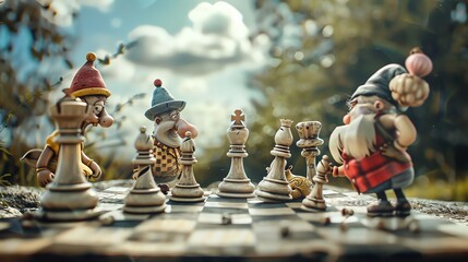 Three figurines playing chess in a natural setting.