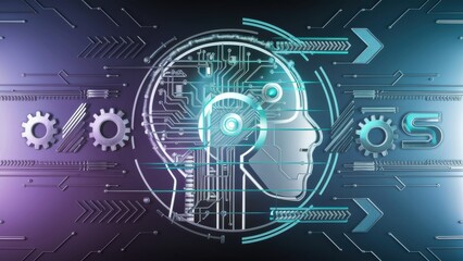 A futuristic image of a human head with gears and circuitry, AI