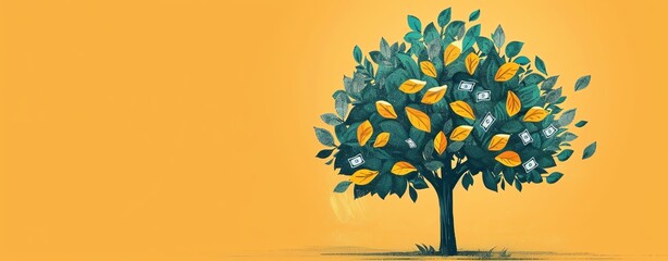 An illustration of a tree growing money as leaves, representing the growth of wealth from a positive mindset