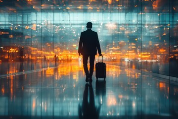 Fototapeta premium A man is walking down a hallway with a suitcase. The image has a mood of travel and adventure