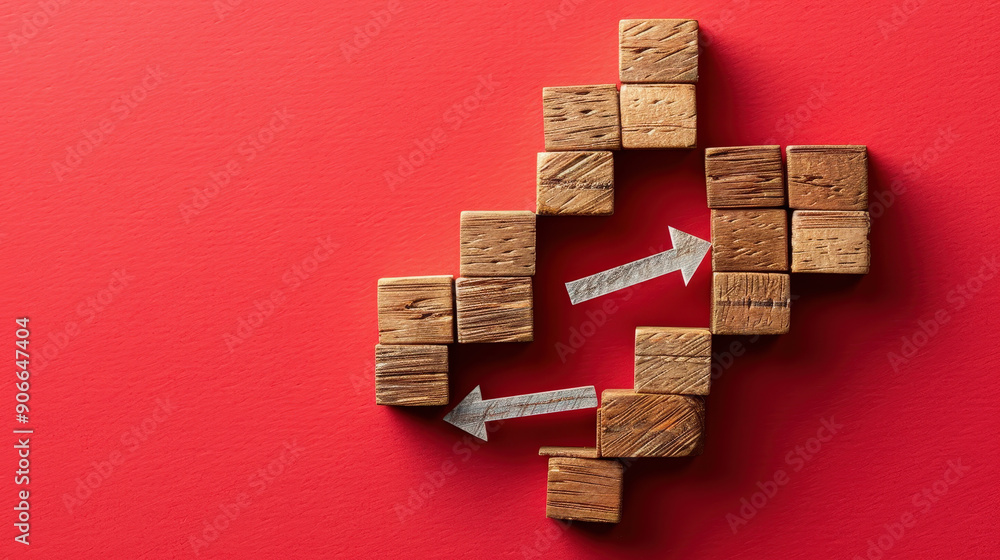 Poster wooden blocks with a declining graph and arrow down on a red background, representing market analyti