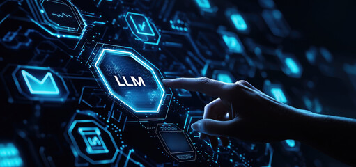 Futuristic interface featuring a hand touching screen with LLM displayed among digital icons. Concepts of large language models , artificial intelligence, and human-computer interaction.