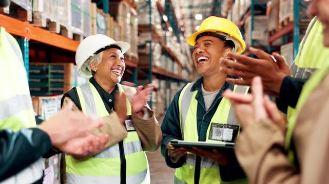 Applause, people and celebration in warehouse for success, support and solidarity with project results. Clapping, staff and achievement for employee award, welcome and introduction to team together - Powered by Adobe