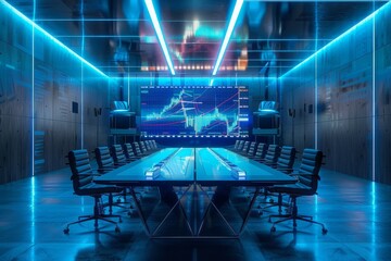 3D rendering of an empty modern boardroom with holographic stock market charts on the wall, featuring high-tech and futuristic design in a blue color scheme. A large screen displays a candlestick