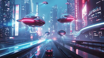A futuristic city with flying cars and glowing lights.