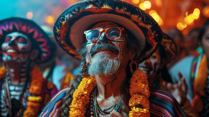 Fototapeta premium A group of revelers immersed in the vibrant colors and rhythmic beats of the Day of the Dead celebration in Mexico