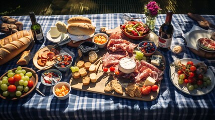 A top view of a wooden picnic table with a spread of sandwiches and drinks