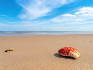 Colorful shell resting on sandy shore beneath a clear blue sky at the beach