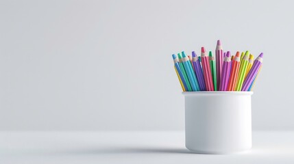 Obraz premium A white ceramic holder containing a variety of colorful pencils is placed on a white surface. Generative AI
