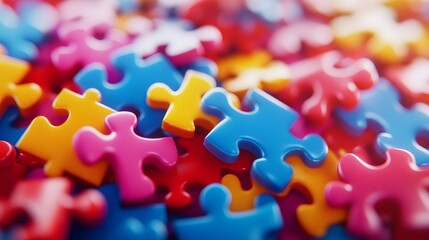 Colorful jigsaw puzzle pieces, macro photography, vibrant colors, blue, red, orange, yellow, white, pink, shallow depth of field, soft focus background, glossy surface, scattered arrangement.