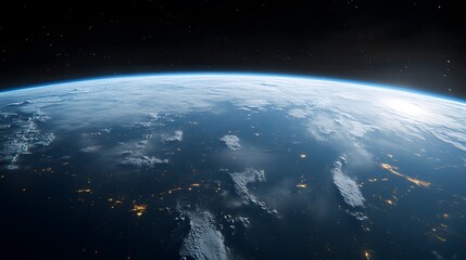 Obraz premium Earth from space, panoramic view, night lights, city illumination, curved horizon, atmospheric glow, cloud cover, dark space background, cinematic, dramatic lighting.