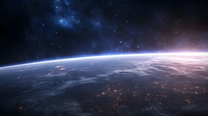 Earth from space, panoramic view, night lights, city illumination, curved horizon, atmospheric glow, cloud cover, dark space background, cinematic, dramatic lighting.