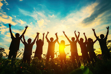 Fototapeta premium Silhouettes of group people men and women standing in celebration their victory at sunset