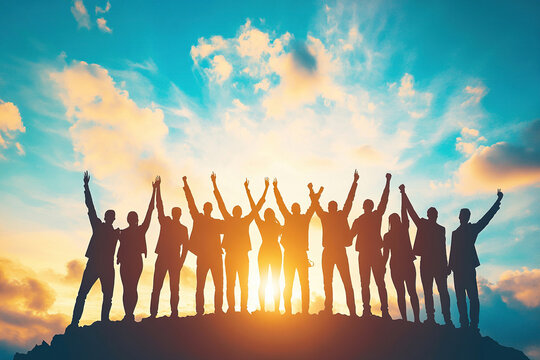 Silhouettes of group people men and women standing in celebration their victory at sunset