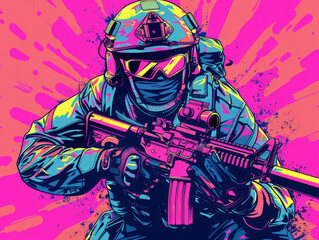 A man in a military uniform is holding a rifle and wearing a gas mask