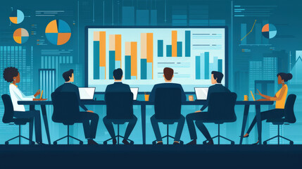 Illustration of Group of investors brainstorming in a conference room