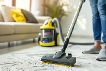 Close-up of a vacuum cleaner being used on a carpet in a comfortable living room setting. Generated AI