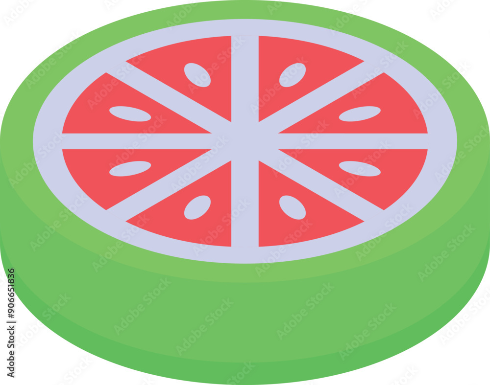 Poster watermelon slice showing refreshing red inside on green background