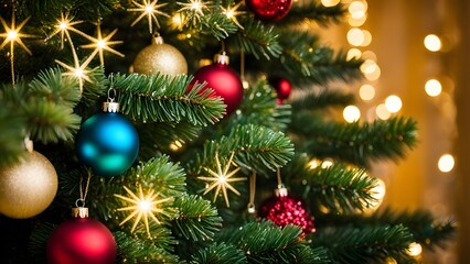 Obraz premium Festive Christmas Tree with Colorful Baubles and Twinkling Lights