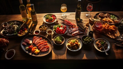 An overhead shot of a wooden table with a variety of appetizers and drinks