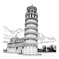 Single one line drawing lean pisa tower vector image Leaning tower pisa line art vector illustration Bay Outline Sketch one line drawing marina