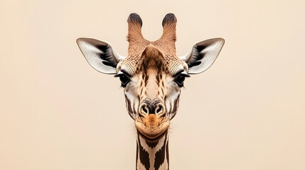 Pale beige background, giraffe head portrait, curious expression, long neck, large ears, detailed skin texture, spotted pattern, big gentle eyes, whiskers, minimal composition, studio photography.