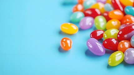 Pale blue background, colorful jelly beans, vibrant candy assortment, red, orange, yellow, green, purple, blue candies, glossy surface, scattered arrangement, food photography.
