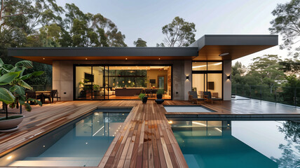 Fototapeta premium Contemporary home with pool and wooden deck