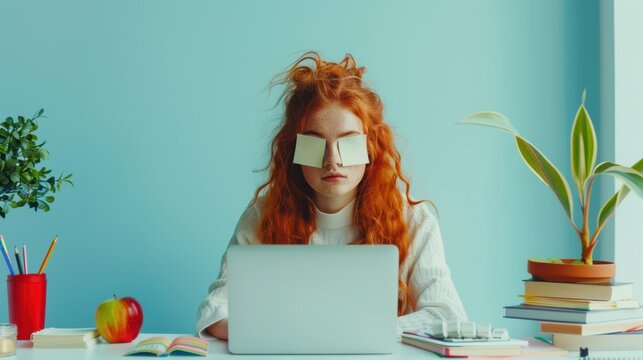 The tired redhead worker.