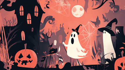 Spooky Halloween scene featuring playful ghosts, a haunted house, pumpkins, and a full moon, perfect for festive decorations.