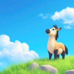 Curious horse gazing at the clear sky above a lush green meadow