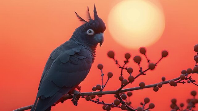 Majestic Bird parrot Sitting on Branch Against Vibrant Sunset in Nature