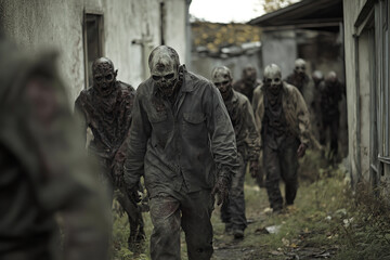 A haunting scene of zombie figures walking through a desolate area, evoking a sense of fear and the unknown.