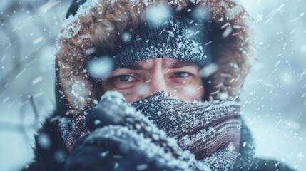 Close up portrait smiling man in fur hood coat looking away