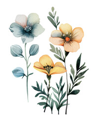 Wild flowers vector collection. Herbaceous flowering plants, blooming flowers, subshrubs isolated on white background. Hand drawn detailed botanical vector illustration.