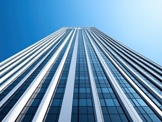 Dramatic view of a skyscraper reaching for the blue sky in a modern cityscape